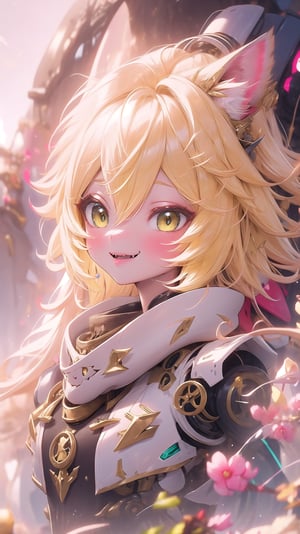 (masterpiece, top quality), intricate details, thin, ((slim)), beautiful girl, teenage woman, Yellow hair, white skin, light yellow eyes, cat ears, sharp jawline, cropped jacket, messy hair, lips , fangs, upper body, almost awake, grinning, happy, excited pet pose,1GIRL MINATO_AQUA,mecha