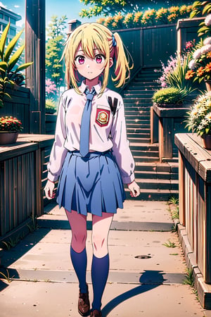 (masterpiece), 1 girl, RUBY, Hair tie, pink eyes, medium blonde hair, high school uniform, holding a skirt, full body, garden background, stairs, windy, Karakter_Anime_Pake_Baju_SMA
