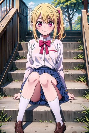 (masterpiece), 1 girl, RUBY, Hair tie, pink eyes, medium blonde hair, high school uniform, holding a skirt, full body, garden background, stairs, windy, Sit down, Karakter_Anime_Pake_Baju_SMA, smile