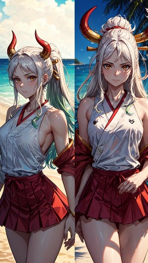 {(Yamato)}, 1girl, Sexy girl, {(anime, 8k, masterpiece, best quality, best quality, beautiful and aesthetic, professional illustration, ultra detail, perfect lighting, perfect shadow, perfect sharpness, HDR)}, {( White hair with green tips, long hair, red horns on the head, beautiful hair, detailed hair, shining hair)}, {(golden eyes, very detailed eyes, beautiful eyes, shining eyes)}, {(detailed face, detailed nose, detailed mouth, beautiful face)}, {(athletic and sensual body, perfect body, perfect arms, perfect hands, perfect whistling mouth, perfect legs, detailed body, beautiful body)}, {(wearing red clothes, jk skirts, very clothes detailed, beautiful clothes) }, {(standing, Expression of happiness)}, {(paradise beach view, very detailed view, very beautiful view, high quality view)}, {(summer day, sunny, very detailed sky , high quality sky, beautiful sky,perfect sky)}, {(yamato\(one piece\))}