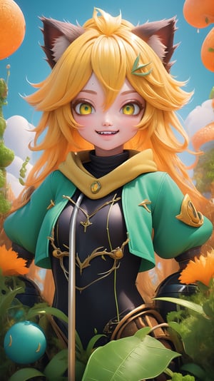 (masterpiece, top quality), intricate details, thin, ((slim)), beautiful girl, teenage woman, Yellow hair, white skin, light yellow eyes, cat ears, sharp jawline, cropped jacket, messy hair, lips , fangs, upper body, almost awake, grinning, happy, excited pet pose,1GIRL MINATO_AQUA,mecha,pole_dancing,car,DonMG414 ,candyland
