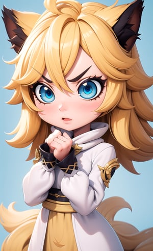 (masterpiece, top quality), intricate details, ((slim)), beautiful girl,1 woman, (assassin), Angry, Yellow hair, white skin, light blue eyes, cat ears, very detailed, messy hair , detailed White gown, pictures,IncrsSnootChallenge,chibi