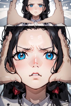 1 girl, cute face, cute eyes, Highly detailed, High Quality, Masterpiece, beautiful, IncrsSnootChallenge, comic, pov hands, white shirt, , annoyed, angry, ,IncrsSnootChallenge,NicoRobin