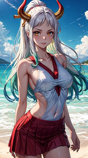 {(Yamato)}, 1girl, Sexy girl, {(anime, 8k, masterpiece, best quality, best quality, beautiful and aesthetic, professional illustration, ultra detail, perfect lighting, perfect shadow, perfect sharpness, HDR)}, {( White hair with green tips, long hair, red horns on the head, beautiful hair, detailed hair, shining hair)}, {(golden eyes, very detailed eyes, beautiful eyes, shining eyes)}, {(detailed face, detailed nose, detailed mouth, beautiful face)}, {(athletic and sensual body, perfect body, perfect arms, perfect hands, mara, perfect legs, detailed body, beautiful body)}, {(wearing red clothes, jk skirt, very detailed clothes, beautiful clothes) }, {(standing, Expression of happiness)}, {(paradise beach view, highly detailed view, very beautiful view, high quality view)}, {(summer day, sunny, highly detailed sky, sky high quality, beautiful sky, perfect sky)}, {(yamato\(one piece\))}