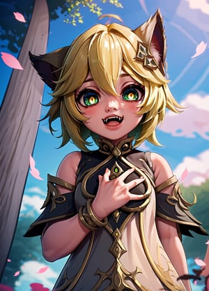 handiwork, best quality, 1girl, yellow eyes, short hair, yellow hair, 1 hand on teeth, fangs, cat ears, short tail, tree climbing, sky, cherry blossoms, temple, looking at viewer, upper body, from below , looking up the tree,