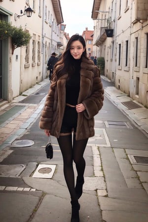 RAW photo, professional, masterpiece, best quality, absurdres, 8K, super fine, best_lighting, (Charming European cobblestone streets in a historic town:1.4), (wonderland:1.3), 
BREAK
(cowboy_shot:1.6), (standing, seductive pose:1.3), 25 years old woman, (mature:1.2), beautiful woman
BREAK
celebrity fashion, elegant_prostitute, (seductive_smile:1.2), (long hair1.2), tall, well-balanced, long legs
BREAK
(huge breasts), (fur coat:1.5), (long coat:1.2), (leather shorts:1.2), (zettai_ryoiki:1.4), (black pantyhose:1.8), (see-through pantyhose:1.3), (hoop earings), asian girl, 1girl, eungirl