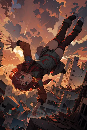 Wind Blown Hair ,long hair,free fall,aviator's outfit,boots,high angle,sunset, ruins and collapsed buildings, in a strong wide-angle lens,anime style,fearful facial expression ,red sky,glitter