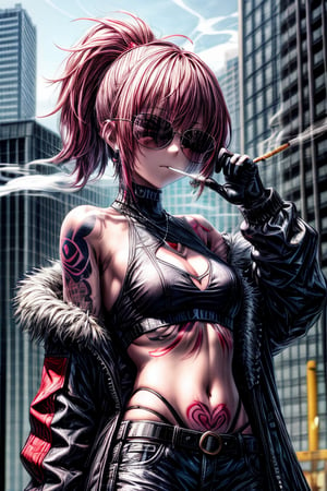 cyberpunk style, 1girl, tattoo, navel, solo, jewelry, earrings, smoking, cleavage cutout, clothing cutout, breasts, midriff, small breasts, short hair, sunglasses, crop top, tinted eyewear, cigarette, belt, smoke, pants, arm tattoo, red hair, coat  