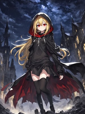 //Quality,
masterpiece, best quality, detailed
,//Character,
,Evileye \(overlord\), 1girl, solo, blonde hair, red eyes, hair between eyes, small breasts
,//Fashion,
hood, black dress, torn clothes, covered navel, red cloak, hooded cloak, black thighhighs, torn thighhighs, boots, black footwear
,//Background,
night_sky, starry_sky
,//Others,
hood down, arms at sides