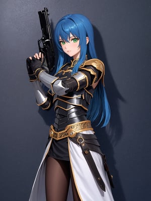 //Character, solo,MariaTraitor_SO3, 1girl, green eyes, long hair, blue hair, 
//Fashion, armor, fingerless gloves, pantyhose,
//Background, simple background, 
//Quality, (masterpiece), best quality, ultra-high resolution, ultra-high definition, highres, intricate, intricate details, absurdres, highly detailed, finely detailed, ultra-detailed, ultra-high texture quality, natural lighting, natural shadow, dramatic shading, dramatic lighting, vivid colour, perfect anatomy, 
//Others, gun