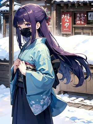 //Quality,
(masterpiece), (best quality), 8k illustration,
,//Character,
1girl, solo, 
,//Fashion,
details (dark blue silk brocade kimono)
,//Background,
Kyoto, outdoors, winter, snow
,//Others,
chin_mask,goodbye,aafern, long hair