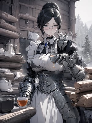 //Quality,
masterpiece, best quality, detailed
,//Character,
,Yuri Alpha \(overlord\), 1girl, solo, grey eyes, glasses, black hair, hair bun, breasts
,//Fashion,
dress, broach, choker, maid, armor, gauntlets, corset
,//Background,
log house, pouring tea
,//Others,
