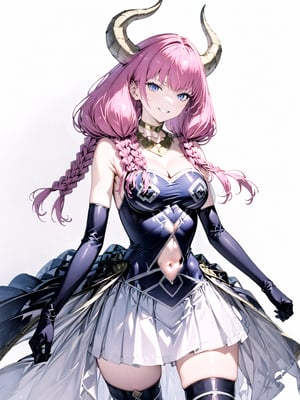 score_9,score_8_up,score_7_up,score_6_up, masterpiece, best quality
,//Character, 
1girl, solo,aura the guillotine \(frieren\)aura the guillotine \(frieren\), 1girl, blue eyes, long hair, braid, horns, medium breasts, pink hair
,//Fashion, 
jewelry, cleavage, navel cutout, bare shoulders, elbow gloves, pleated skirt, thighhighs
,//Background, white_background
,//Others,
evil smiling, holding scale