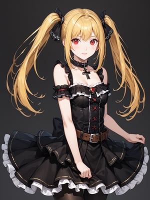 masterpiece, best quality, highres
,//Character, 
1girl, solo,AmaneMisa, twintails, blonde hair, red eyes, sidelocks
,//Fashion, 
black dress, sleeveless, bare shoulders, collarbone, choker, skirt, frills, belt, black pantyhose, cross
,//Background, 
,//Others, ,Expressiveh, 
A young magic caster girl practicing spells in a vast library filled with ancient tomes and magical artifacts.