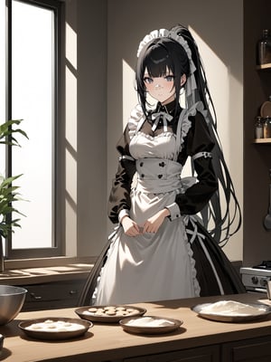 score_9,score_8_up,score_7_up,score_6_up, masterpiece, best quality, highres
,//Character, 
1girl,narberal gamma \(overlord\), long hair, black hair, glay eyes, bangs, ponytail, medium breats
,//Fashion, 
maid
,//Background, 
,//Others, ,Expressiveh, 
A little girl and her grandmother baking cookies together, flour on their noses, warm kitchen light streaming through the window.
