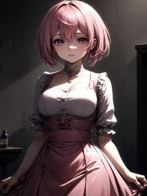 best quality, 8k, 8k UHD, ultra-high resolution, ultra-high definition, highres
,//Character, 
1girl, solo
,//Fashion, 
,//Background, 
,//Others, ,Expressiveh, 
Alural, short hair, pink hair, pink eyes, dress, Female alchemist mixing potions in a cluttered workshop, scrolls with strange symbols, focused expression, vial with swirling black liquid