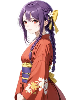 masterpiece, best quality, highres
,//Character, 
1girl, solo,AobaYuzuki, long hair, purple hair, single braid, red eyes
,//Fashion, 
hair ribbon, yellow ribbon, hair over shoulder, red kimono, long sleeves, obi
,//Background, white background
,//Others, ,Expressiveh, 
