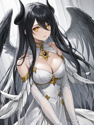 masterpiece, best quality, highres
,//Character, 
1girl, solo,albedo \(overlord\), long hair, black hair, hair between eyes, yellow eyes, horns, ahoge, black wings, feathered wings, low wings
,//Fashion, 
white gloves, white dress, bare shoulders, detached collar, cleavage, slit pupils
,//Background, 
,//Others, ,Expressiveh, 
