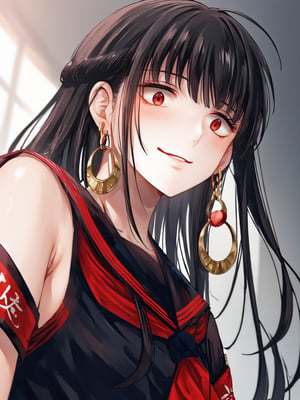 best quality, 8k, 8k UHD, ultra-high resolution, ultra-high definition, highres
,//Character, 
1girl, solo
,//Fashion, 
,//Background, 
,//Others, ,Expressiveh, 
AgakuraMajiri, 1girl, solo, long hair, black hair, red eyes, hoop earrings, black serafuku, sailor collar, black shirt, red neckerchief, armband, pleated skirt, black skirt