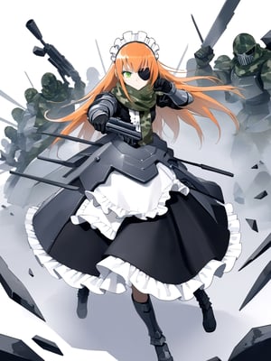 //Quality,
masterpiece, best quality, detailed
,//Character,
,cz2128_delta \(overlord\), 1girl, solo, long hair, green eyes, orange hair, eyepatch, expressionless
,//Fashion,
maid, maid headdress, camouflage, green scarf, gloves, dress, boots, armor
,//Background,
battle ground
,//Others,
holding gun