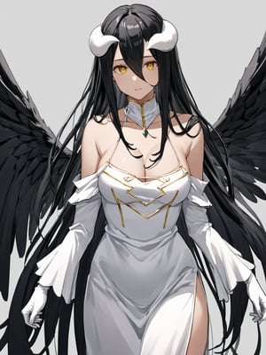 masterpiece, best quality, highres
,//Character, 
1girl, solo,albedo \(overlord\), long hair, black hair, hair between eyes, yellow eyes, horns, ahoge, black wings, feathered wings, low wings
,//Fashion, 
white gloves, white dress, bare shoulders, detached collar, cleavage, slit pupils
,//Background, 
,//Others, ,Expressiveh, 
