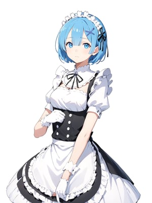 //Quality,
masterpiece, best quality, detailed
,//Character,
solo,rem \(re_zero\), 1girl, blue eyes, blue hair, short hair
,//Fashion,
roswaal mansion maid uniform, hair ribbon
,//Background,
white_background, simple_background
,//Others,
