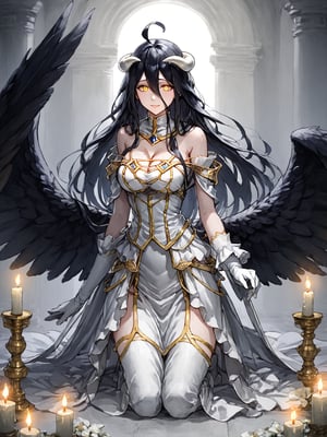 masterpiece, best quality, highres
,//Character, 
1girl, solo,albedo \(overlord\), long hair, black hair, hair between eyes, yellow eyes, horns, ahoge, black wings, feathered wings, low wings
,//Fashion, 
white gloves, white dress, bare shoulders, detached collar, cleavage, slit pupils
,//Background, 
,//Others, ,Expressiveh, 
A young priestess kneeling before a dark altar, surrounded by ominous statues and flickering candles.