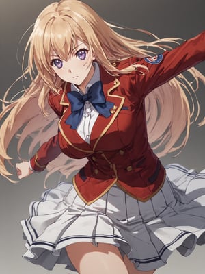 score_9,score_8_up,score_7_up,score_6_up, masterpiece, best quality, 8k, 8k UHD, ultra-high resolution, ultra-high definition, highres
,//Character, 
1girl, solo,ichinose honami, blonde hair, long hair, purple eyes
,//Fashion, 
school uniform, red jacket, blue bow, white skirt, pleated skirt
,//Background, white_background
,//Others, ,Expressiveh,
fighting stance, dynamic pose