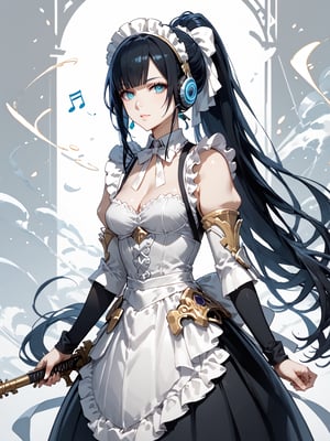 score_9,score_8_up,score_7_up,score_6_up, masterpiece, best quality, highres
,//Character, 
1girl, solo,narberal gamma \(overlord\), long hair, black hair, glay eyes, bangs, ponytail, medium breats
,//Fashion, 
maid
,//Background, 
,//Others, ,Expressiveh, 
A girl wearing headphones, with music notes visibly flowing out and transforming the world around her into colorful, abstract shapes.