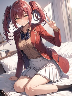 //Quality,
masterpiece, best quality, detailed
,//Character,
1girl, solo, AmasawaIchika, yellow eyes, red hair, twintails, medium breasts, bangs, hair between eyes, shiny hair, 
,//Fashion,
school uniform, red jacket, blazer, open jacket, long sleeves, open clothes, collared shirt, brown shirt, blue bowtie, hair ribbon, red ribbon, pleated skirt, white skirt, miniskirt, black footwear, black socks, loafers
,//Background,
room, bed
,//Others,
sitting, grin, V,AmasawaIchika