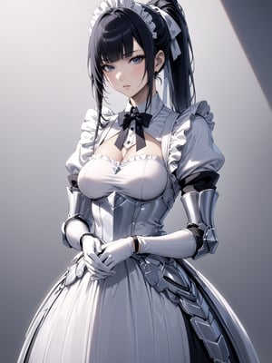 //Character, 1girl, solo,narberal gamma \(overlord\), long hair, black hair, glay eyes, bangs, ponytail, medium breats
//Fashion, ribbon, bow, maid, apron, armored dress, gloves, 
//Background, simple background, 
//Quality, (masterpiece), best quality, ultra-high resolution, ultra-high definition, highres, intricate, intricate details, absurdres, highly detailed, finely detailed, ultra-detailed, ultra-high texture quality, natural lighting, natural shadow, dramatic shading, dramatic lighting, vivid colour, perfect hands, perfect fingers, perfect anatomy, 
//Others, 