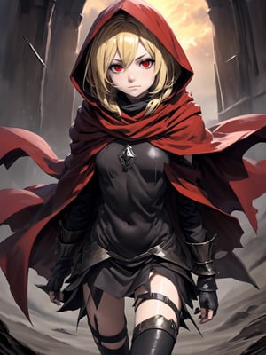 //Quality,
masterpiece, best quality, detailed
,//Character,
,Evileye \(overlord\), 1girl, solo, blonde hair, red eyes, hair between eyes, small breasts
,//Fashion,
hood, black dress, torn clothes, covered navel, red cloak, hooded cloak, black thighhighs, torn thighhighs, boots, black footwear
,//Background,
dune hill of Swords
,//Others,
hood up