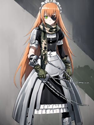 //Quality,
masterpiece, best quality, detailed
,//Character,
,cz2128_delta \(overlord\), 1girl, solo, long hair, green eyes, orange hair, eyepatch, cross pupils, expressionless
,//Fashion,
maid, maid headdress, camouflage, green scarf, gloves, dress, boots, armor
,//Background,
battle ground
,//Others,
holding gun