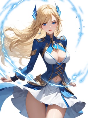 masterpiece, best quality, 8k, 8k UHD, ultra-high resolution, ultra-high definition, highres
,//Character, 
1girl, solo, long hair, blonde hair, blue eyes
,//Fashion, 

,//Background, white_background
,//Others, ,Expressiveh, 
lightning magic charging