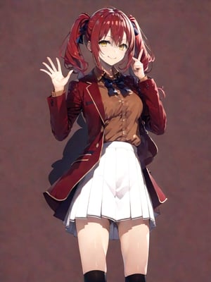 //Quality,
masterpiece, best quality, detailed
,//Character,
1girl, solo,AmasawaIchika, yellow eyes, red hair, twintails, medium breasts, bangs, hair between eyes, shiny hair, 
,//Fashion,
school uniform, red jacket, blazer, open jacket, long sleeves, open clothes, collared shirt, brown shirt, blue bowtie, hair ribbon, red ribbon, pleated skirt, white skirt, miniskirt, black footwear, black socks, loafers
,//Background,
,//Others,
standing, full body, closed mouth, smile, hand up, AmasawaIchika