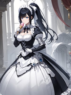 score_9,score_8_up,score_7_up,score_6_up, masterpiece, best quality, highres
,//Character, 
1girl,narberal gamma \(overlord\), long hair, black hair, glay eyes, bangs, ponytail, medium breats
,//Fashion, 
maid
,//Background, 
,//Others, ,Expressiveh, 
A girl sharing her ice cream cone with a tiny bird perched on her finger, both looking curious and content.