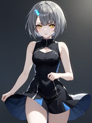 best quality, 8k, 8k UHD, ultra-high resolution, ultra-high definition, highres
,//Character, 
1girl, solo
,//Fashion, 
,//Background, 
,//Others, ,Expressiveh, 
Ataru, short hair, grey hair, yellow eyes, heterochromia, glowing, single horn, dress, legs,
A martial artist mid-kick, her gi revealing a glimpse of athletic physique.