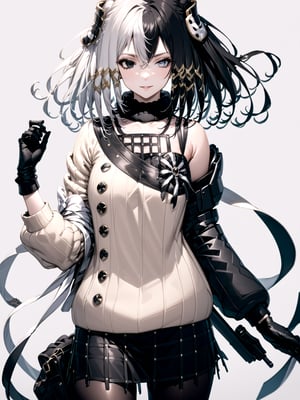 score_9,score_8_up,score_7_up,score_6_up, masterpiece, best quality
,//Character, 
1girl, solo,Antilene_Heran_Fouche \(overlord\), black eyes, grey eyes, heterochromia, two-tone hair, hair between eyes, bangs
,//Fashion, 
hair ornament, long sleeves, bare shoulder, gloves, sweater, skirt, pantyhose
,//Background, white_background
,//Others,
evil smiling, holding_weapon 