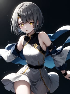 best quality, 8k, 8k UHD, ultra-high resolution, ultra-high definition, highres
,//Character, 
1girl, solo
,//Fashion, 
,//Background, 
,//Others, ,Expressiveh, 
Ataru, short hair, grey hair, yellow eyes, heterochromia, glowing, single horn, dress, open legs,
A female martial artist demonstrating a complex kata, her gi in motion