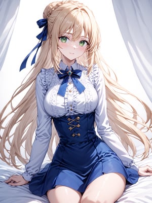 masterpiece, best quality, ultra-high resolution, ultra-high definition, highres
,//Character, 1girl, solo
,//Fashion, 
,//Background, white_background
,//Others, ,Expressiveh,
,ArtoriaPendragon, blonde hair, green eyes, sidelocks, braid, hair bun, ahoge, hair ribbon,
white shirt, blue skirt