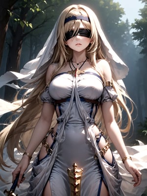 best quality, 8k, 8k UHD, ultra-high resolution, ultra-high definition, highres
,//Character, 
1girl, solo
,//Fashion, 
,//Background, 
,//Others, ,Expressiveh, 
SwordMaiden, long hair, blonde hair, blindfold, dress, 
Exhausted female warrior, torn armor, surrounded by encroaching black slimes, moonlit forest, determined expression