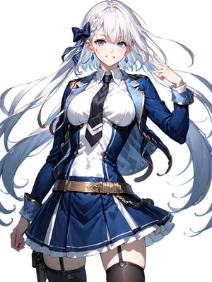 score_9,score_8_up,score_7_up,score_6_up, masterpiece, best quality
,//Character, 
1girl, solo,RiseliaRayCrystalia, very long hair, white hair, braid, blue eyes, medium breasts
,//Fashion, 
earrings, hair bow, long sleeves, white shirt, collared shirt, black necktie, blue jacket, blue skirt, pleated skirt, black thighhighs, belt
,//Background, white_background
,//Others,
making a V sign, smile,Expressiveh