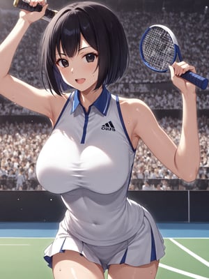 masterpiece, best quality, 8k, 8k UHD, ultra-high resolution, ultra-high definition, highres
,//Character, 
1girl, solo,ShimizuChikako, short hair, bob cut, black hair, black eyes, large breasts
,//Fashion, 
 tennis uniform
,//Background, 
,//Others, ,Expressiveh, 
v-shaped eyebrows, open mouth, sweat, red clay court, 
A young female tennis prodigy celebrating her victory at the Olympics, arms raised in triumph as the crowd cheers.