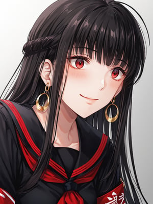 best quality, 8k, 8k UHD, ultra-high resolution, ultra-high definition, highres
,//Character, 
1girl, solo
,//Fashion, 
,//Background, 
,//Others, ,Expressiveh, 
AgakuraMajiri, 1girl, solo, long hair, black hair, red eyes, hoop earrings, black serafuku, sailor collar, black shirt, red neckerchief, armband, pleated skirt, black skirt