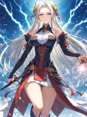 masterpiece, best quality, 8k, 8k UHD, ultra-high resolution, ultra-high definition, highres
,//Character, 
1girl, solo, Edelgard_Isekaimaou
,//Fashion, 

,//Background, white_background
,//Others, ,Expressiveh, 
lightning magic charging