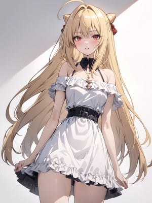 //Quality, masterpiece, best quality, detailmaster2, 8k, 8k UHD, ultra detailed, ultra-high resolution, ultra-high definition, highres, 
//Character, 1girl, solo,Terakomari, long hair, blonde hair, red eyes, ahoge, 
//Fashion, off-shoulder dress,
//Background, white background, 
//Others, 
