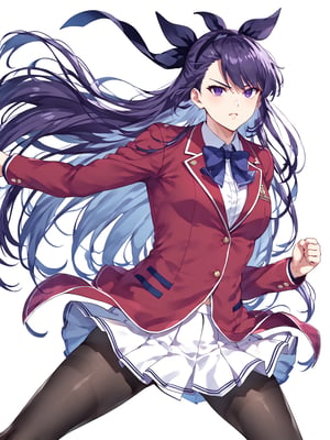 score_9,score_8_up,score_7_up,score_6_up, masterpiece, best quality, 8k, 8k UHD, ultra-high resolution, ultra-high definition, highres
,//Character, 
1girl, solo, long hair, white hair, purple eyes
,//Fashion, 
school uniform, red jacket, pantyhose, pleated skirt, hairband
,//Background, white_background
,//Others, ,Expressiveh,
fighting stance, dynamic pose