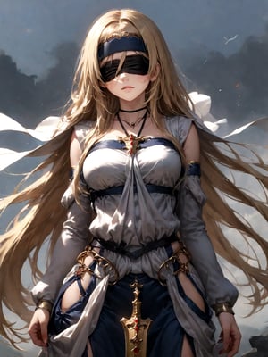 best quality, 8k, 8k UHD, ultra-high resolution, ultra-high definition, highres
,//Character, 
1girl, solo
,//Fashion, 
,//Background, 
,//Others, ,Expressiveh, 
SwordMaiden, long hair, blonde hair, blindfold, dress, 
Exhausted female warrior, torn armor, surrounded by encroaching black slimes, moonlit forest, determined expression