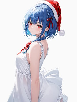 score_9,score_8_up,score_7_up,score_6_up, masterpiece, best quality
,//Character, 
1girl, solo, short hair, blue hair, shiny hair, red eyes, bangs, braid
,//Fashion, 
santa_costume, hair ribbon
,//Background, white_background
,//Others, ,Expressiveh,
dynamic pose, dark energy