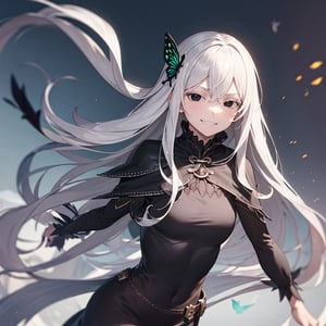 1 Girl, special ability, night, starry sky, shadow, detailed background, echidna, colored eyelashes, white hair, hair between eyes, long hair, straight hair, (black eyes:1.5),BREAK black capelet, black dress, butterfly hair ornament, capelet, dress, hair ornament, IncrsAnyasHehFaceMeme,grin